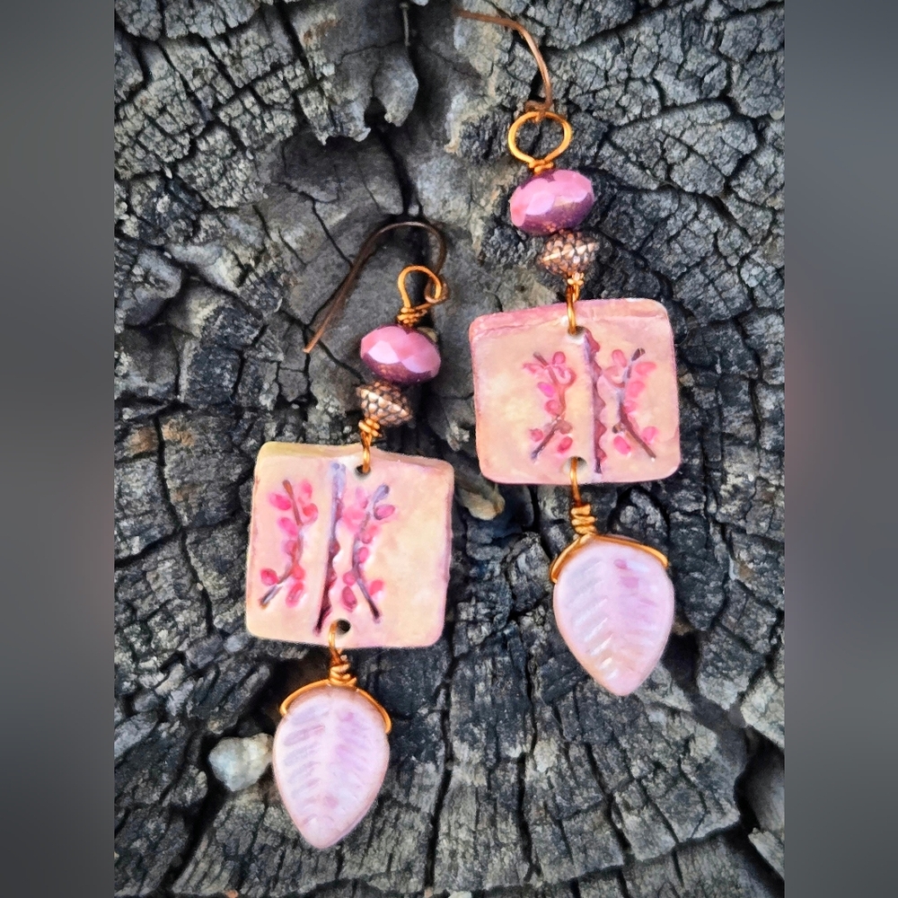 Handcrafted Romantic Rustic Pink Flowers In Clay & Glass In Copper Earrings - Picture 2 of 10